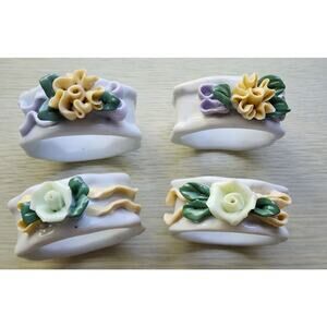 NAPKIN RINGS-Porcelain-3D Flowers-Yellow-Green-Set of 4